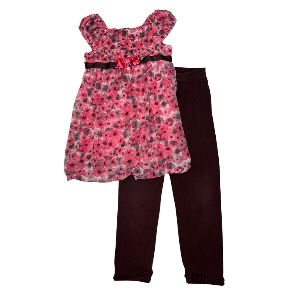 LITTLE GIRLS 2 PCS OUTFIT SET: FLOWERY DRESS WITH BROWN LEGGINGS